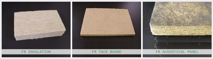 Flame Resistant Insulation, Tack Board and Acoustical Panel Bast Fiber Products